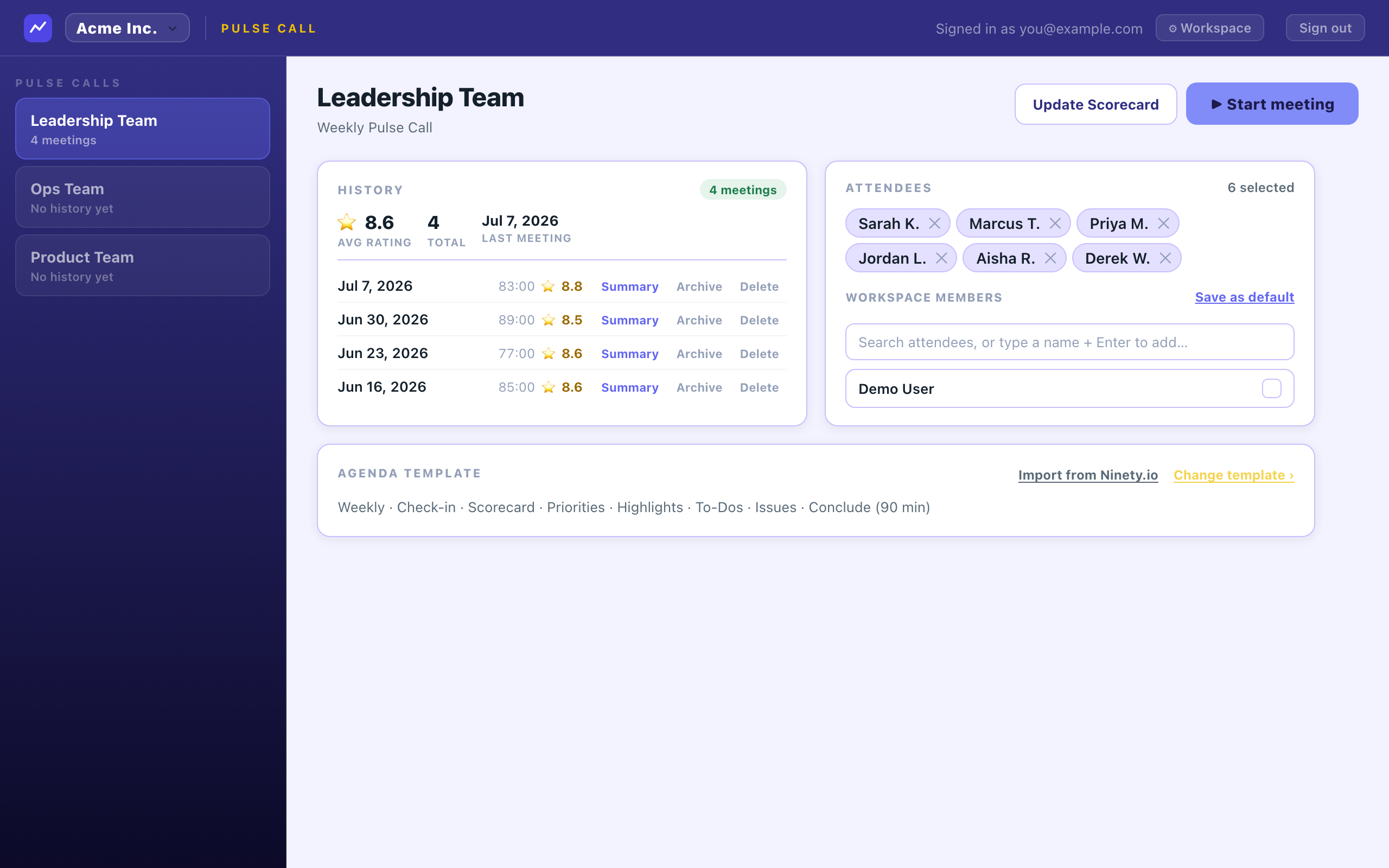 Enginely lobby showing the team's meeting history with ratings, attendees, and agenda template